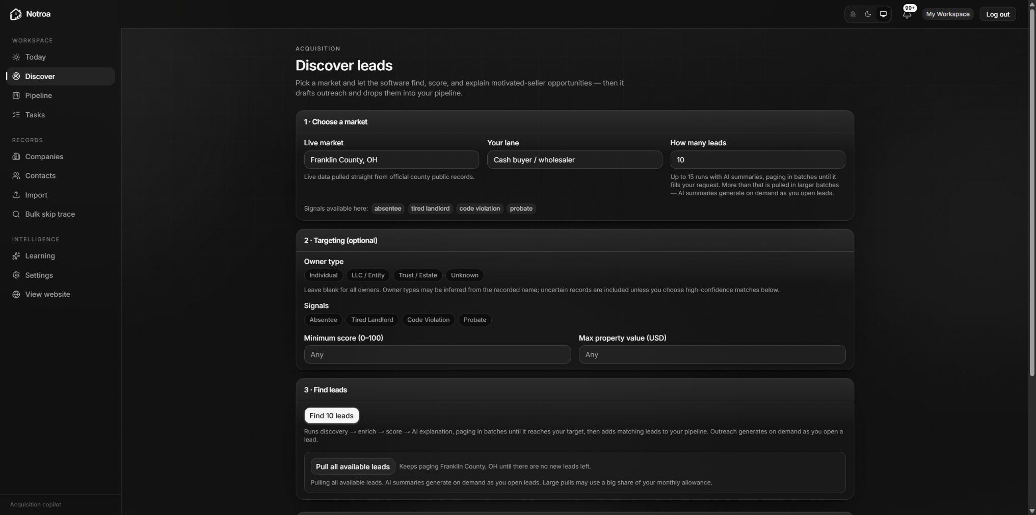 Notroa Discover leads page showing a live market selector and targeting controls