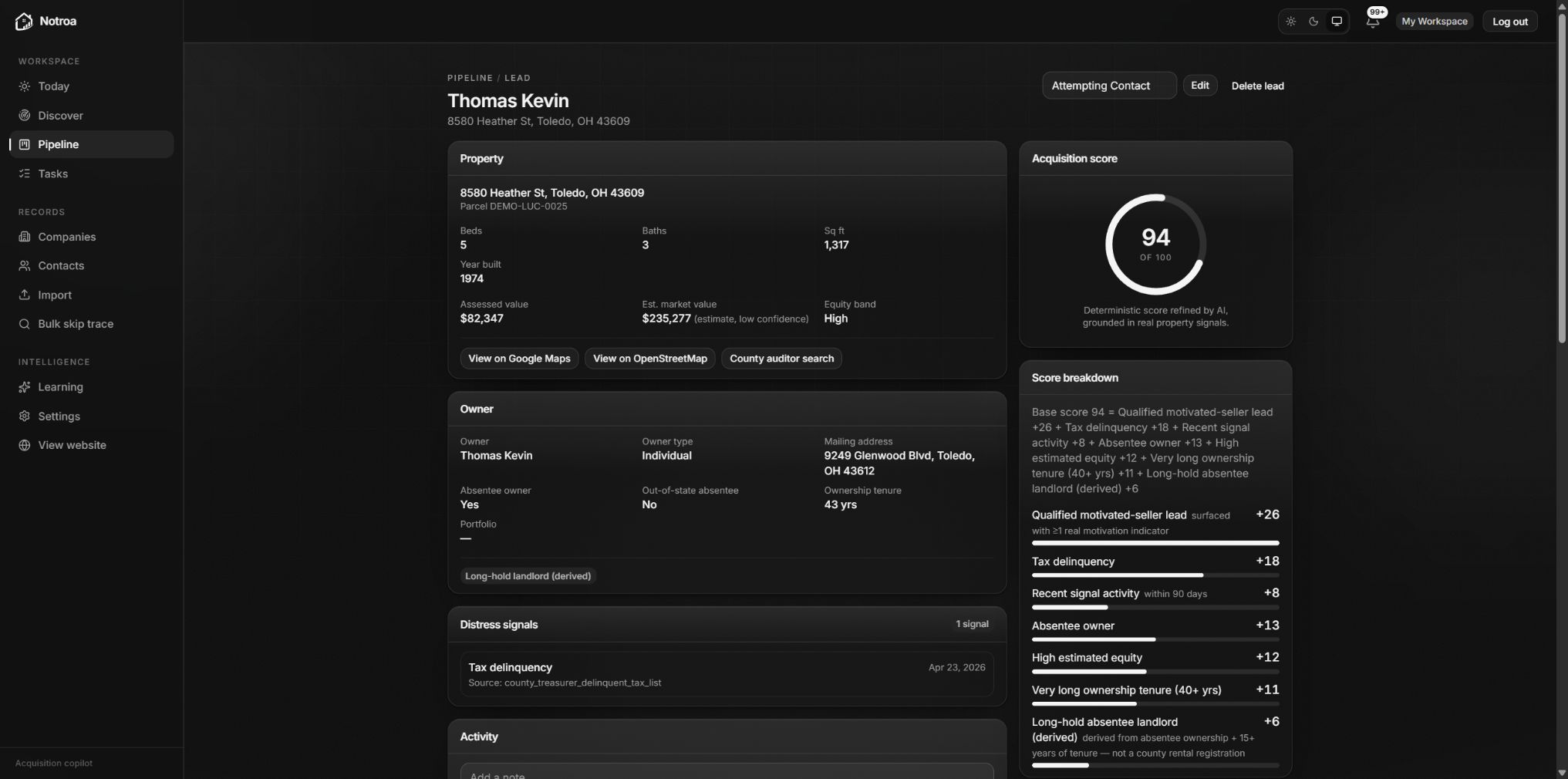 Notroa lead detail page showing an acquisition score and score breakdown