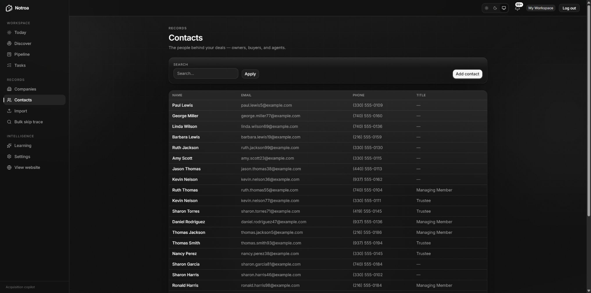 Notroa Contacts page showing matched owner contact information