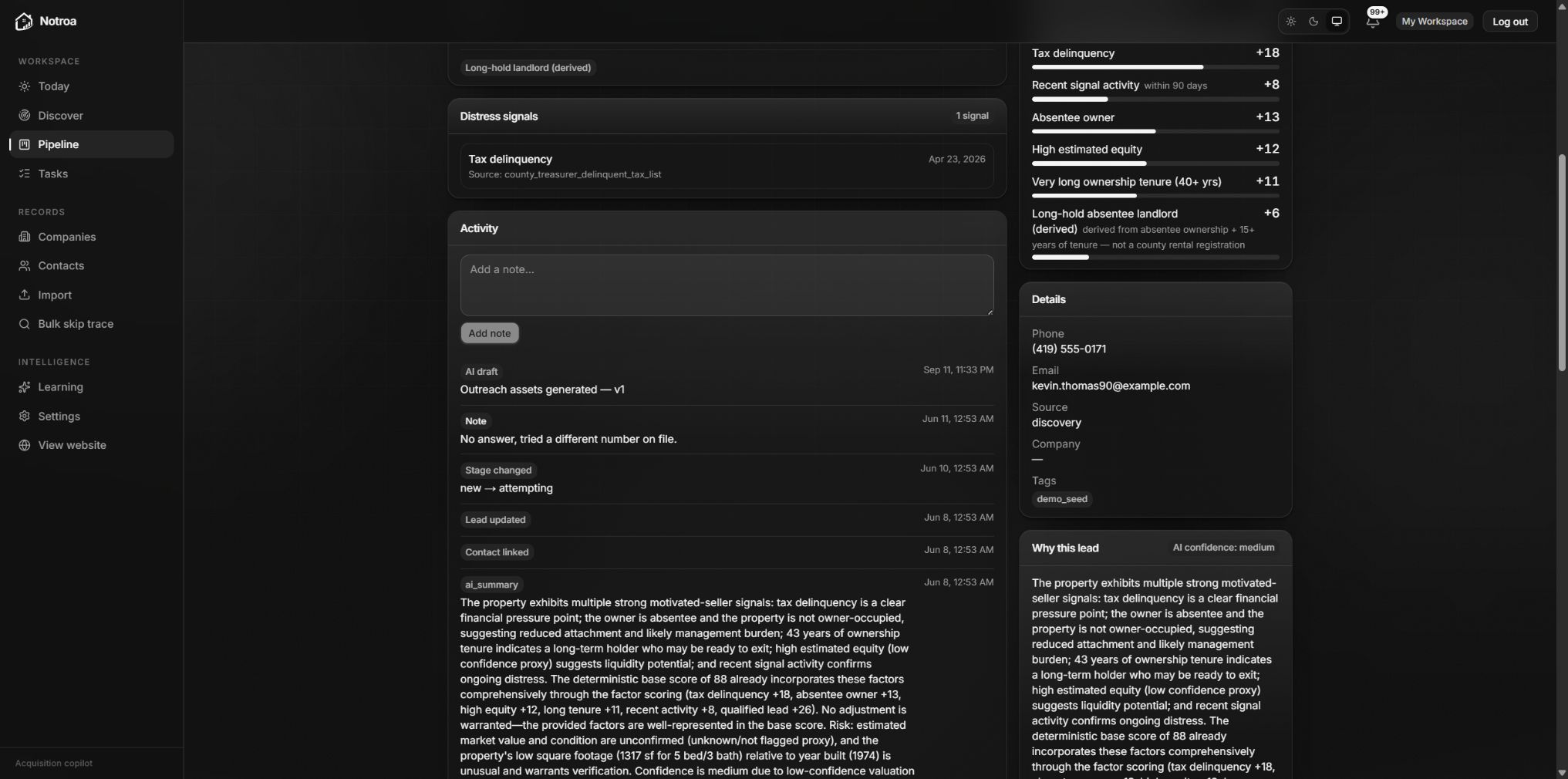Notroa pipeline page showing scored property opportunities ready to work